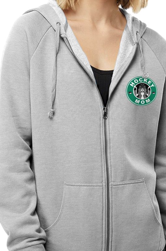 hockey-mom-front-zip-hoodie-heather-grey close up