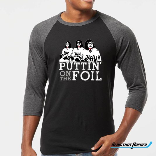 puttin-on-the-foil-34-charcoal-heather-sleeve-black-raglan-tshirt